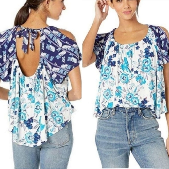 Free People Blue Floral Boho Baja Babe Open Tie Back Cold Shoulder Flowy Top XS - Picture 3 of 9